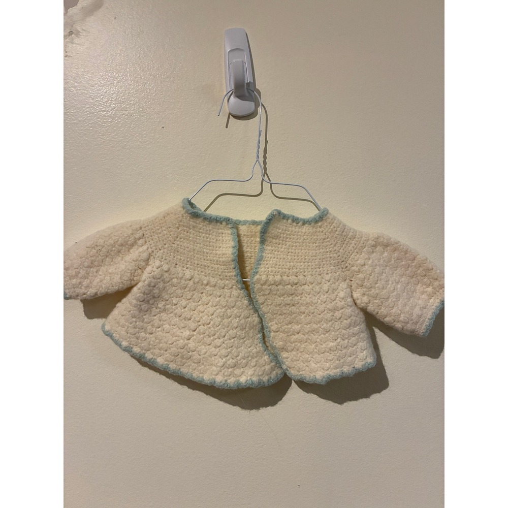 Vintage Handmade Crochet Baby Cardigan Sweater Cream Blue Trim Popcorn Knit